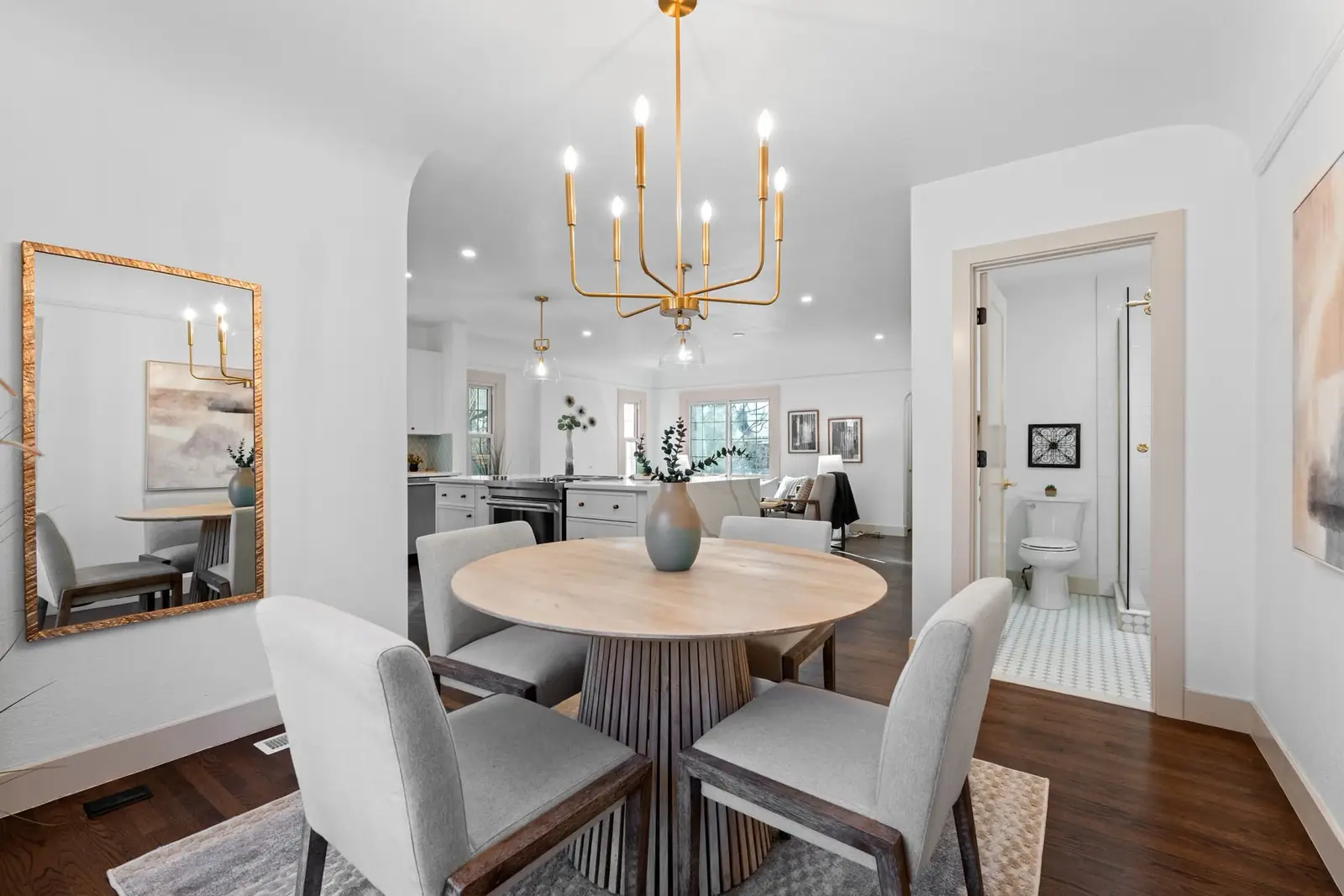 Dining room with a wood table in a brick Tudor